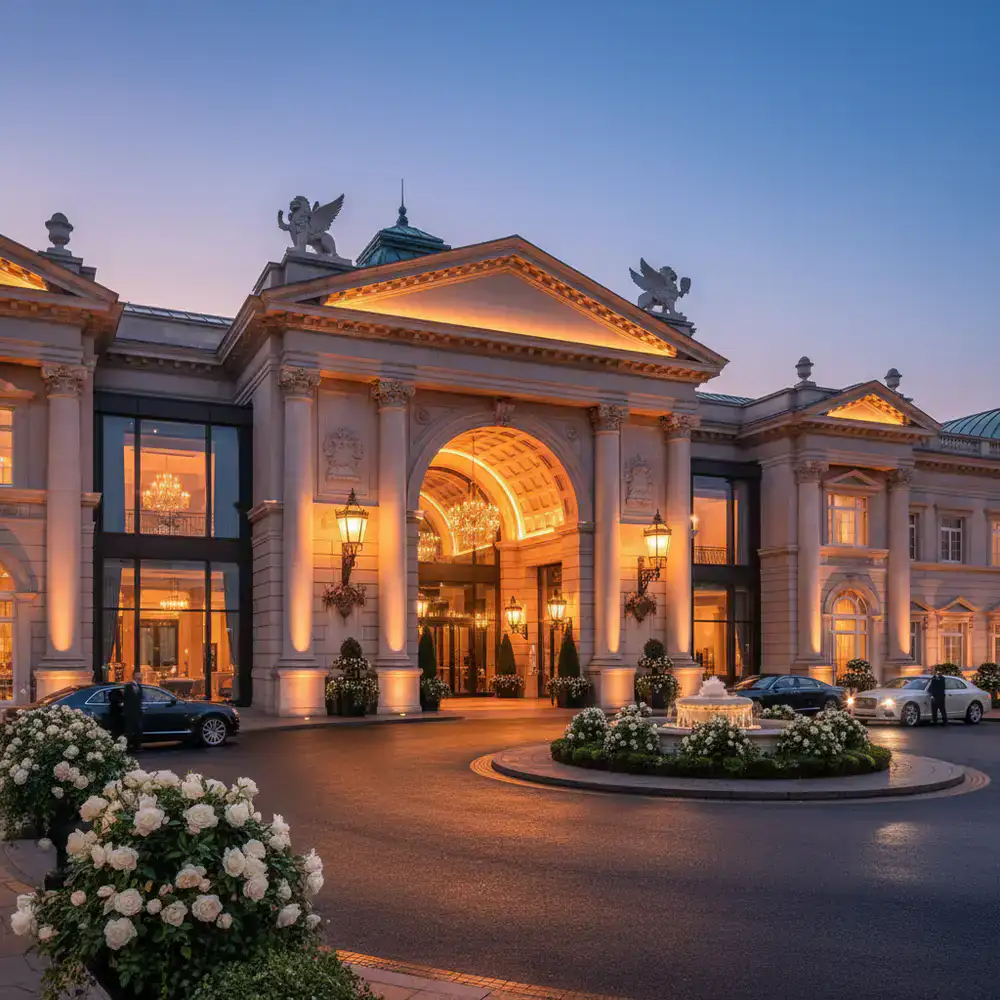 Grand entrance of a luxury casino resort in England at dusk